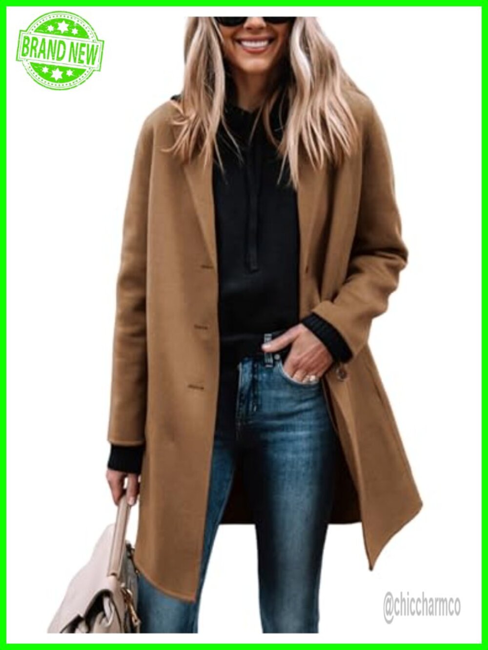 Wool Blend Trench Pea Coat Notch Lapel Single Breasted Mid-Length